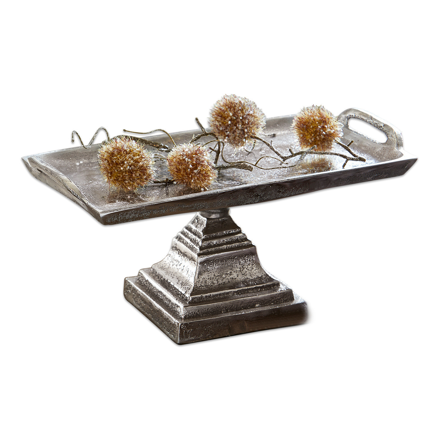 Etagere Samson Silberne Metall-Etagere auf Fuss mit dekorativen Kugeln an Zweigen, Tischdekoration