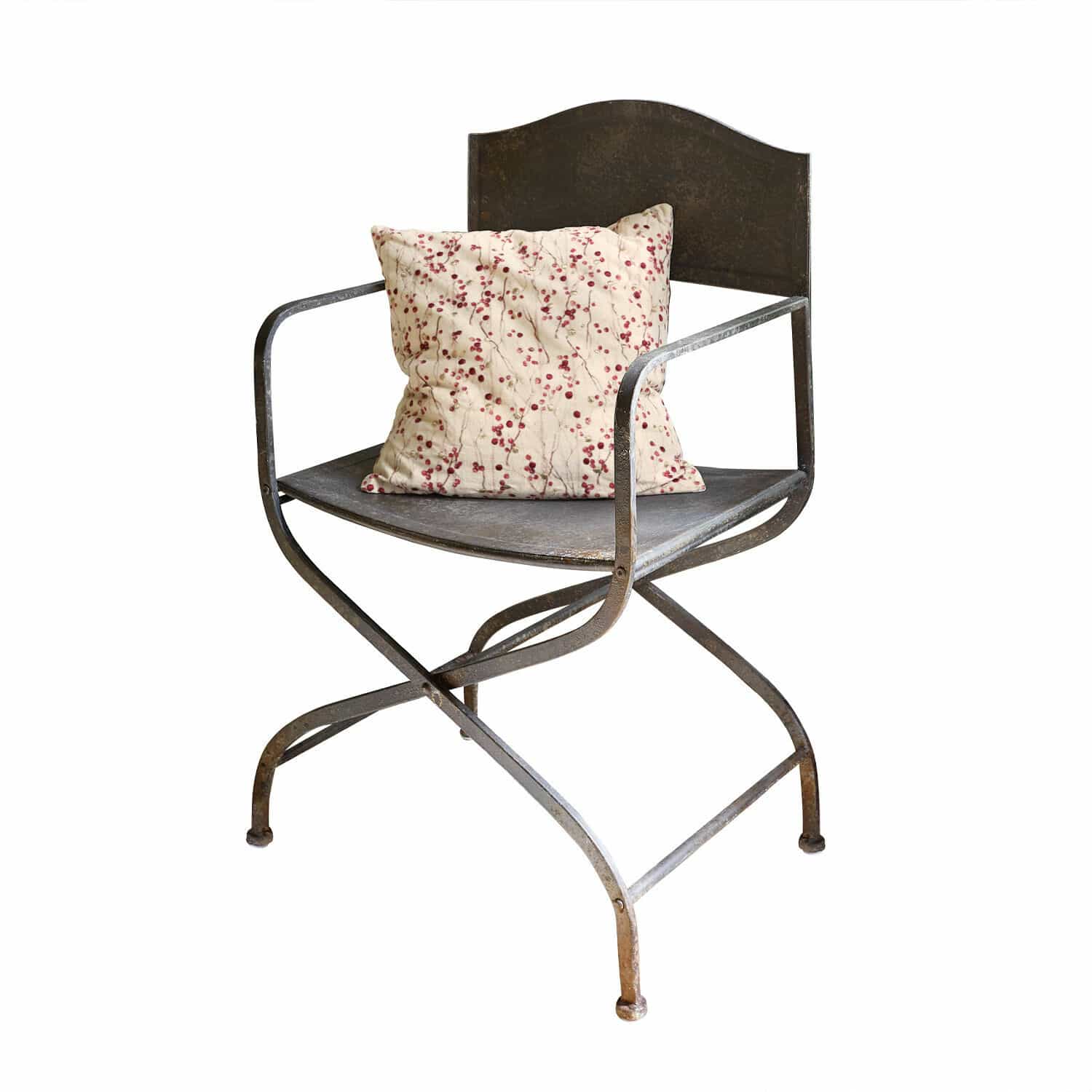 Stuhl Ivilique Metallstuhl mit cremefarbenem Kissen und rotem Muster, industrieller Vintage-Stil