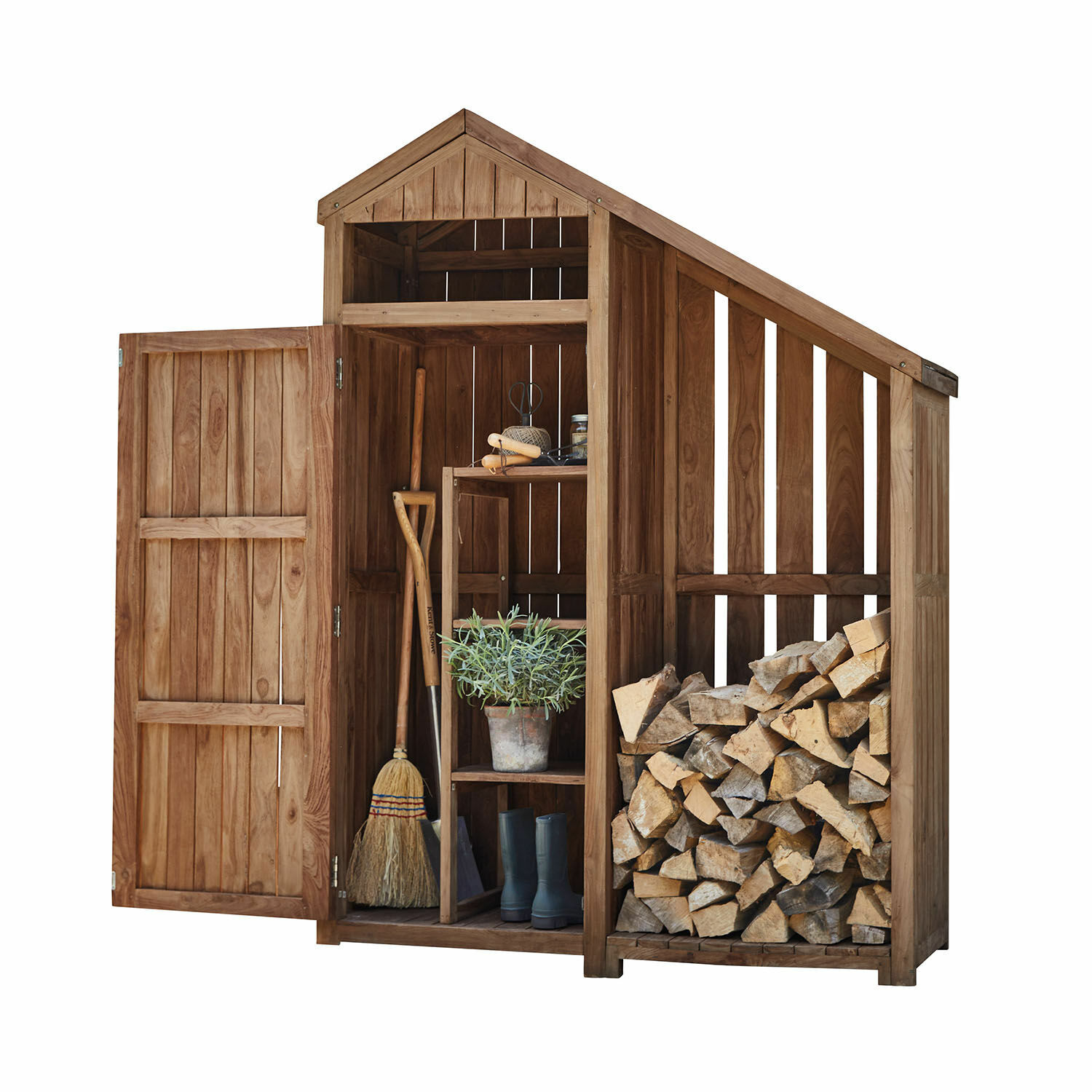 Gartenschrank Briancourt Gartenholzschuppen mit Regalen, Holzlager und Werkzeugen, natürliche braune Farbe