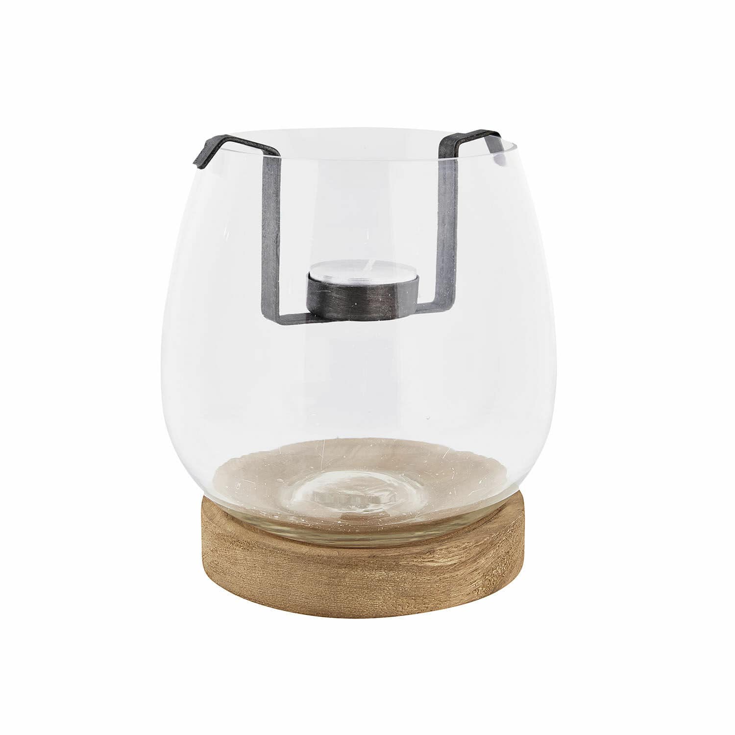 Windlicht Talcanne aus klarem Glas mit braunem Holzsockel und Metallhalter für Teelicht.