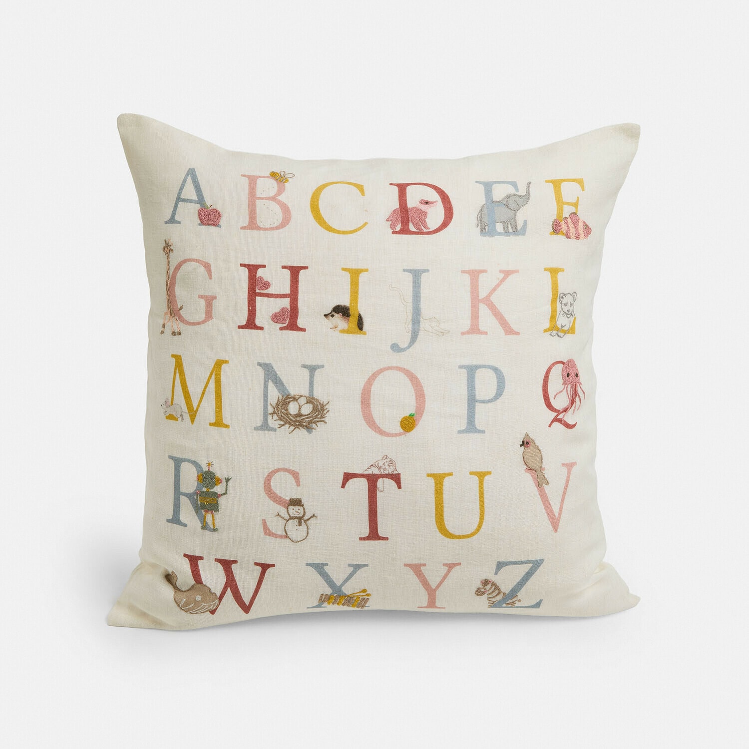 Kissenhülle Garélie Baumwollkissen in Ecru mit buntem Alphabet und Tiermotiven, Kinderzimmerdekoration