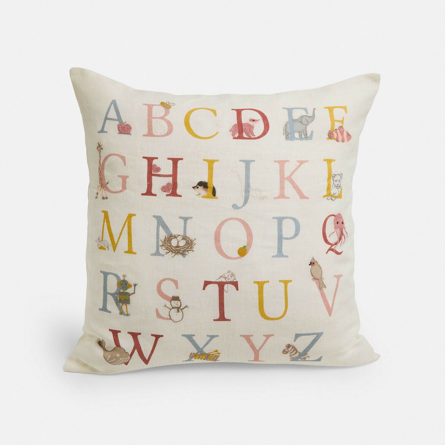 Kissenhülle Garélie Baumwollkissen in Ecru mit buntem Alphabet und Tiermotiven, Kinderzimmerdekoration