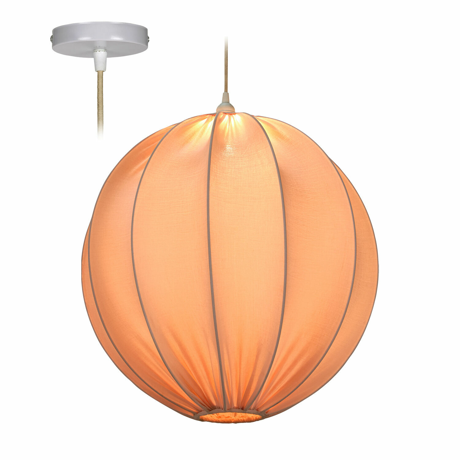 Hängelampe Lisonne Runde Pendelleuchte aus orangefarbenem Stoff mit weissem Kabel und Deckenbefestigung