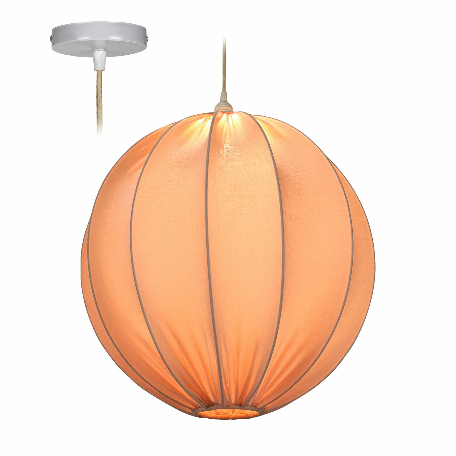 Hängelampe Lisonne Runde Pendelleuchte aus orangefarbenem Stoff mit weissem Kabel und Deckenbefestigung