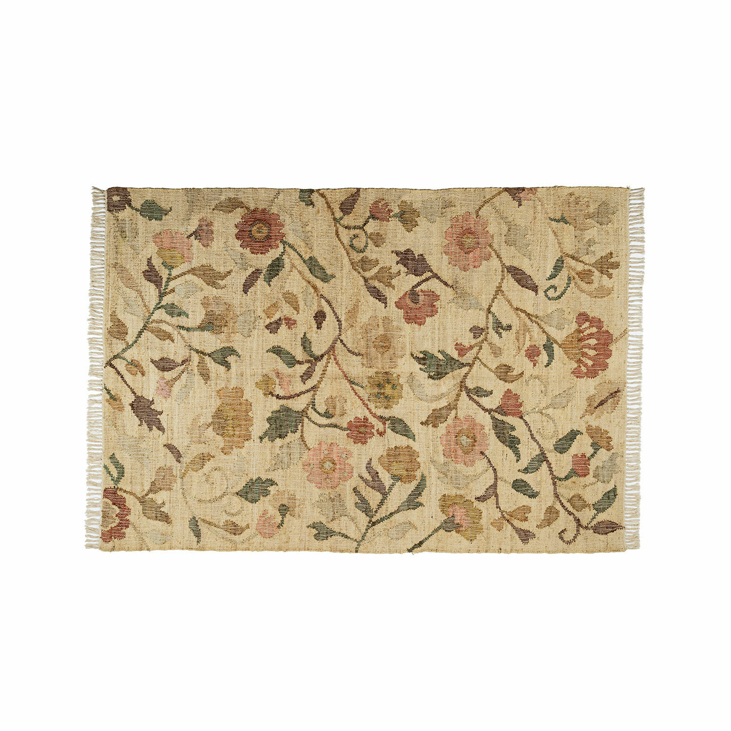 Beiger Teppich aus Naturmaterial mit floralem Muster und Fransen an den Seiten für Wohnräume.