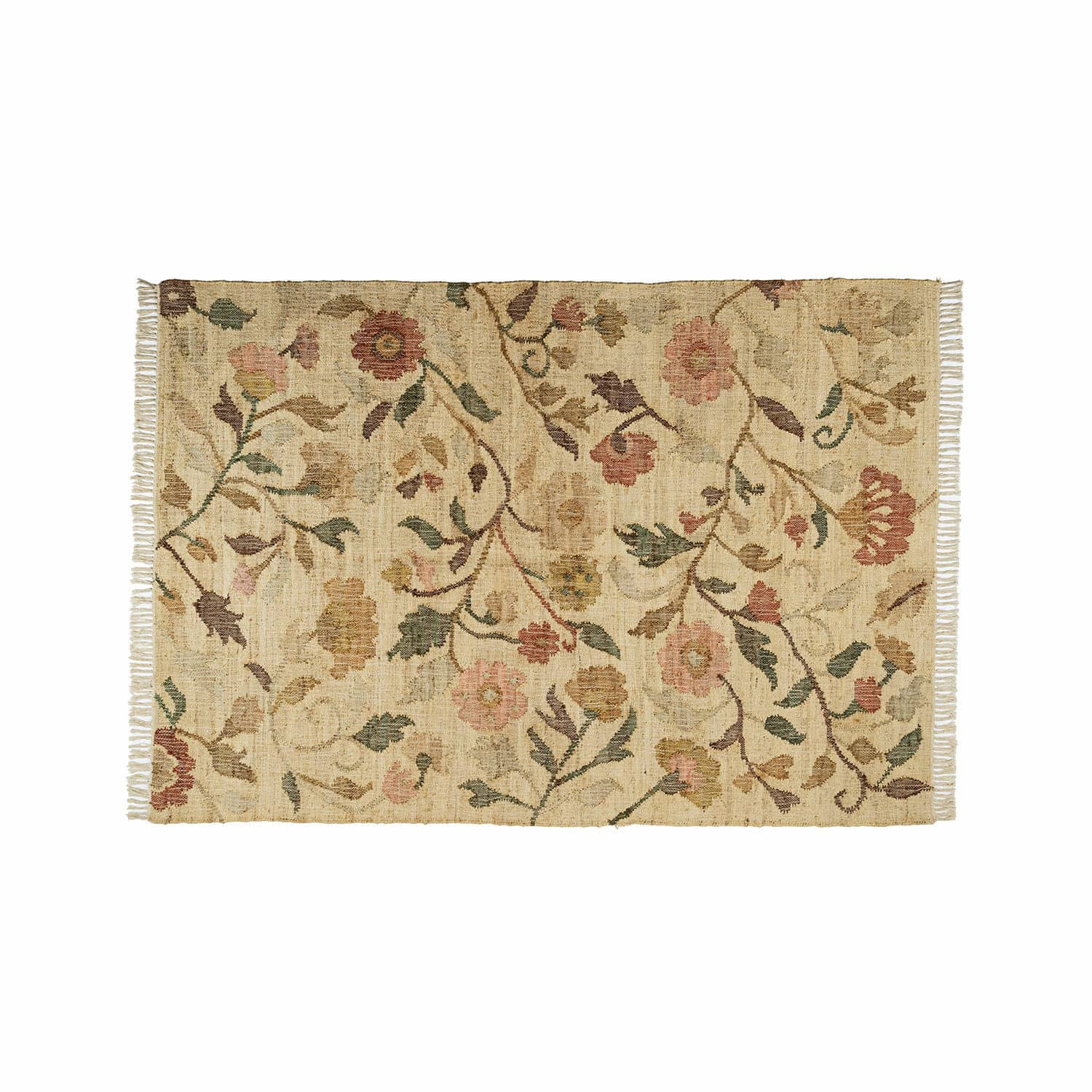 Teppich Théranelle Beiger Teppich aus Naturmaterial mit floralem Muster und Fransen an den Seiten für Wohnräume.