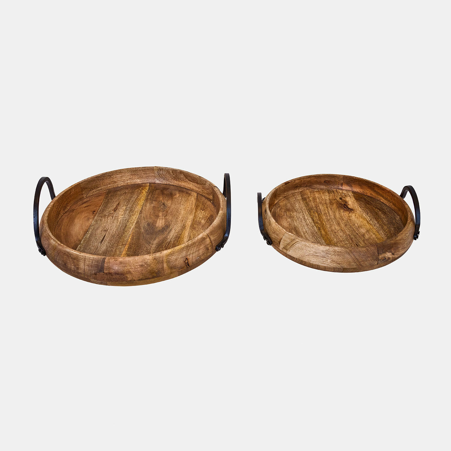 Tablett 2er Set Arémont Set aus zwei runden Tabletts aus Mangoholz mit Metallgriffen, naturfarbig, für Dekoration und Servieren