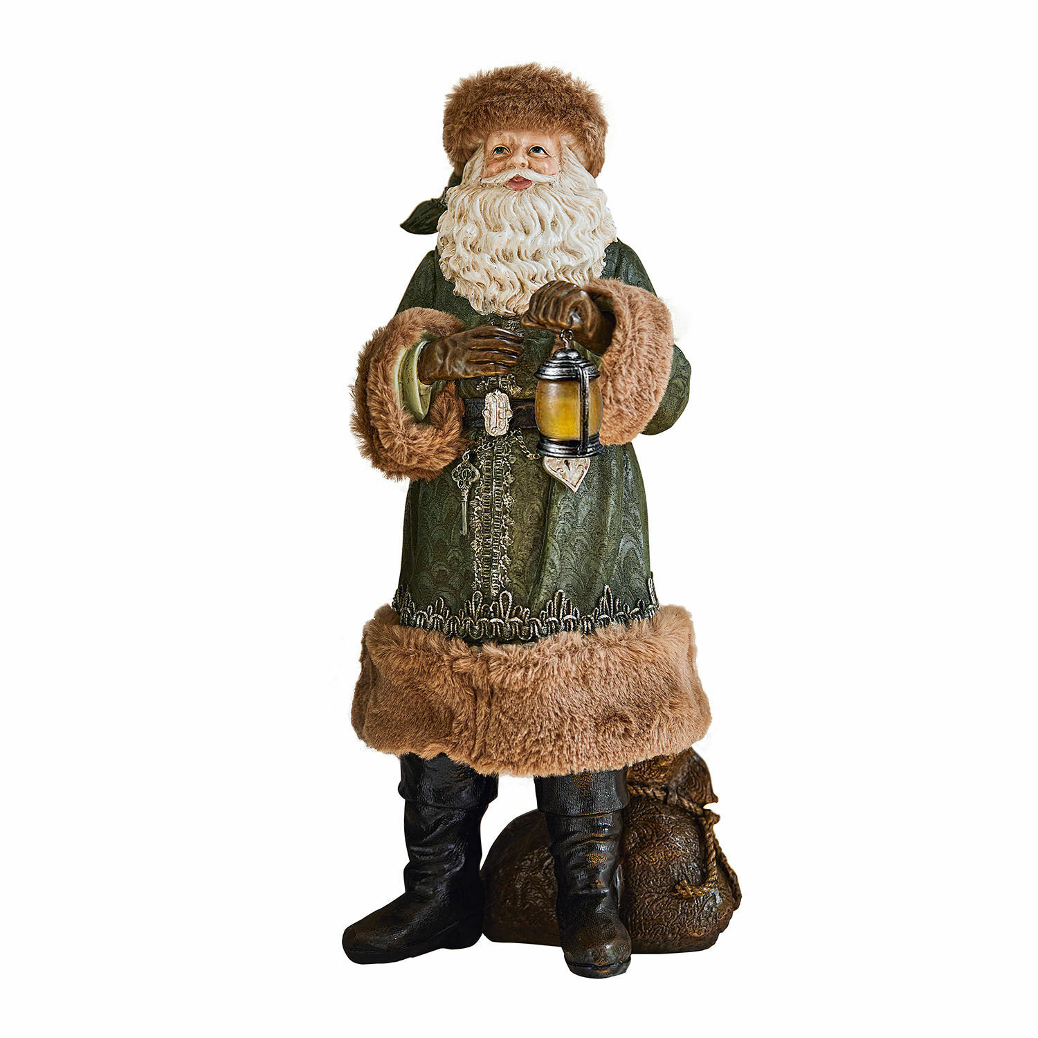 Deko-Weihnachtsmann Eddi Weihnachtsmannfigur mit grünem Mantel und braunem Pelzbesatz, hält eine Laterne, festliche Dekoration