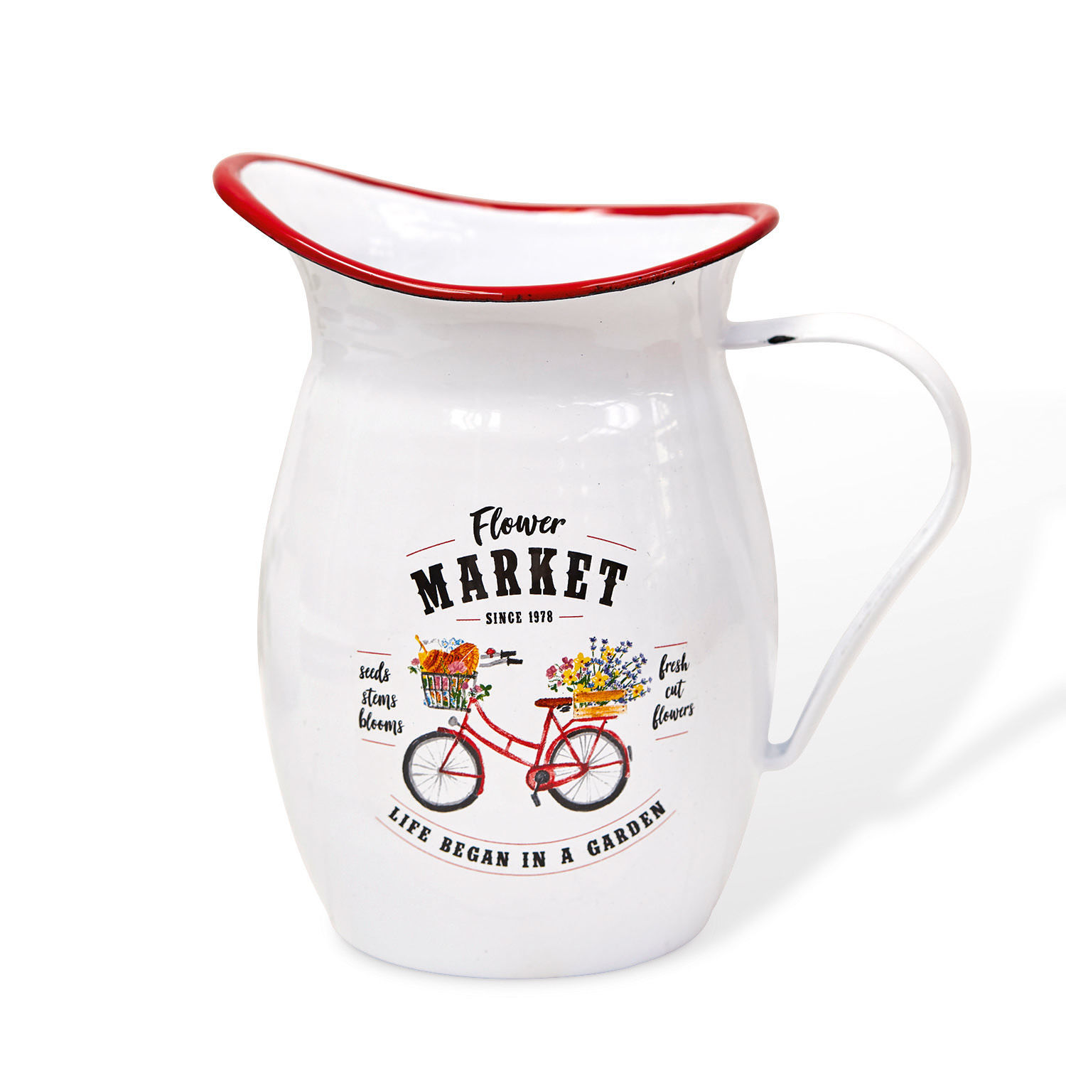 Krug Flower Market Weisser Emaille-Krug mit rotem Rand und Fahrradmotiv mit Blumen, dekorativer Gartenkrug