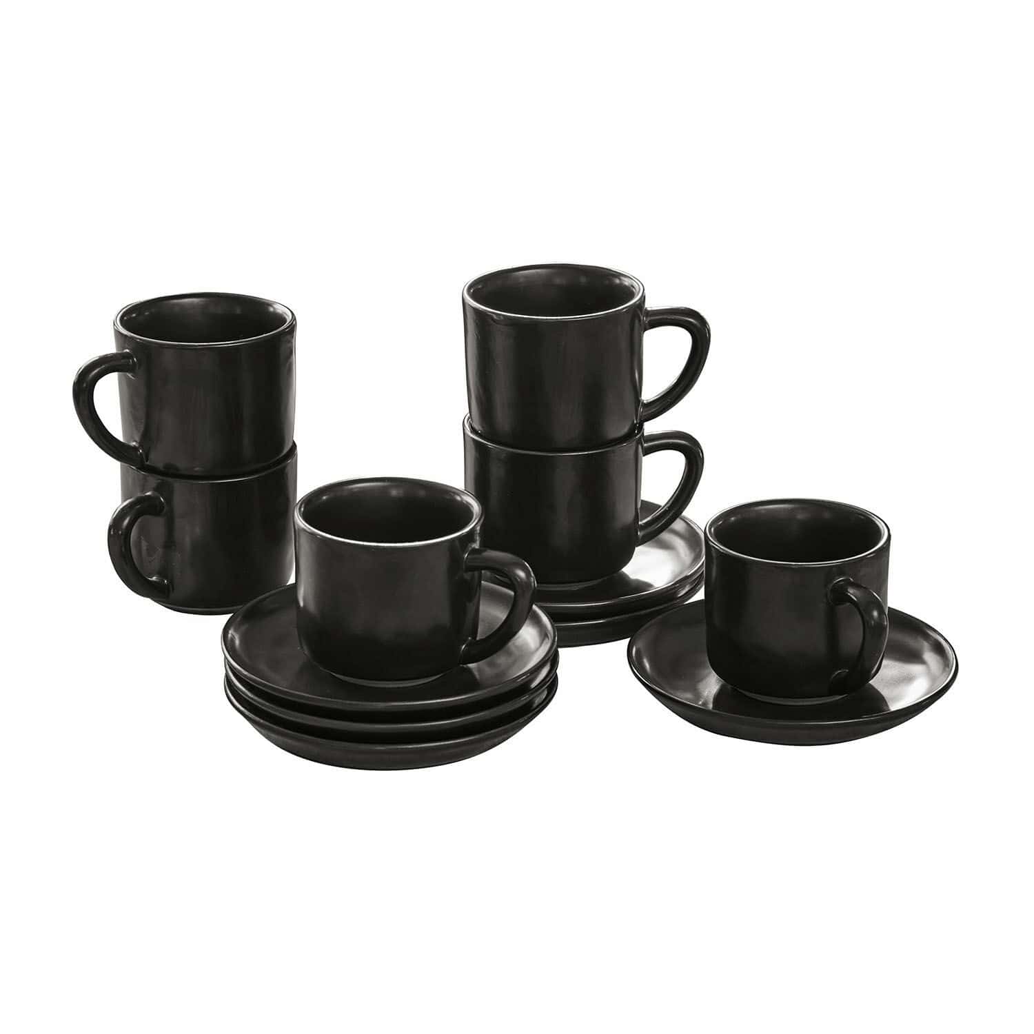 Tasse mit Untertasse 6er Set Biarré Set aus schwarzen Keramik-Kaffeetassen mit Untertassen, modernes Geschirr für die Küche