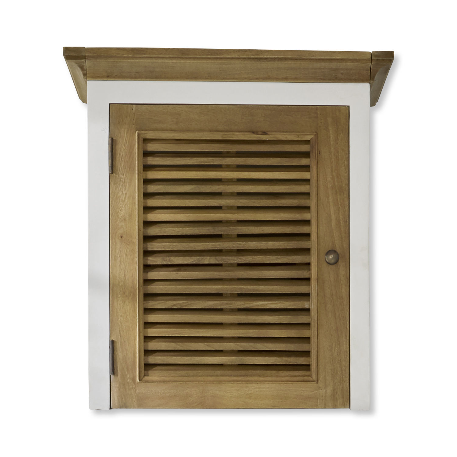 Schrankaufsatz Degarmo Wandschrank aus Holz mit weissem Rahmen und Lamellentür, praktisches Aufbewahrungsmöbel.