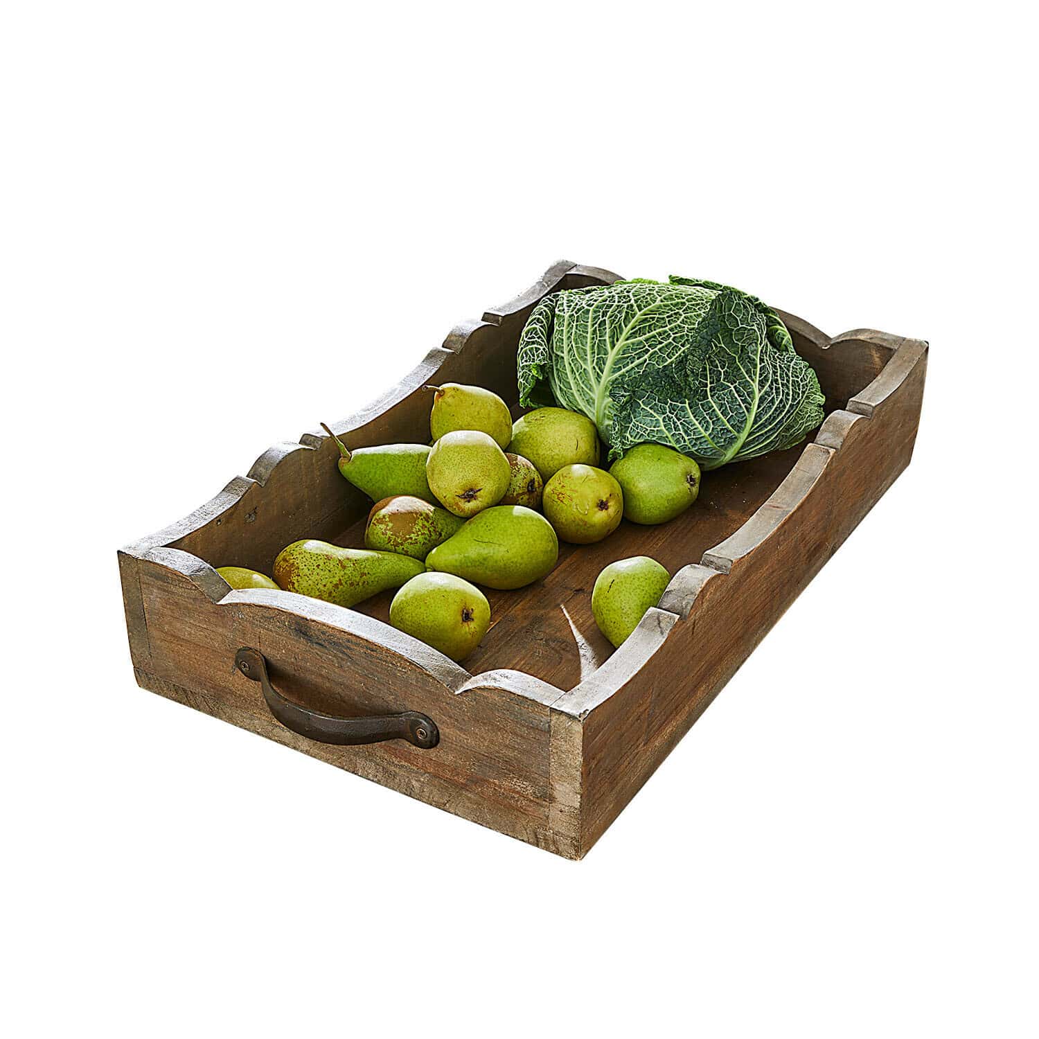 Holztablett mit Griffen, gefüllt mit grünen Birnen und Kohlblättern, rustikaler Stil