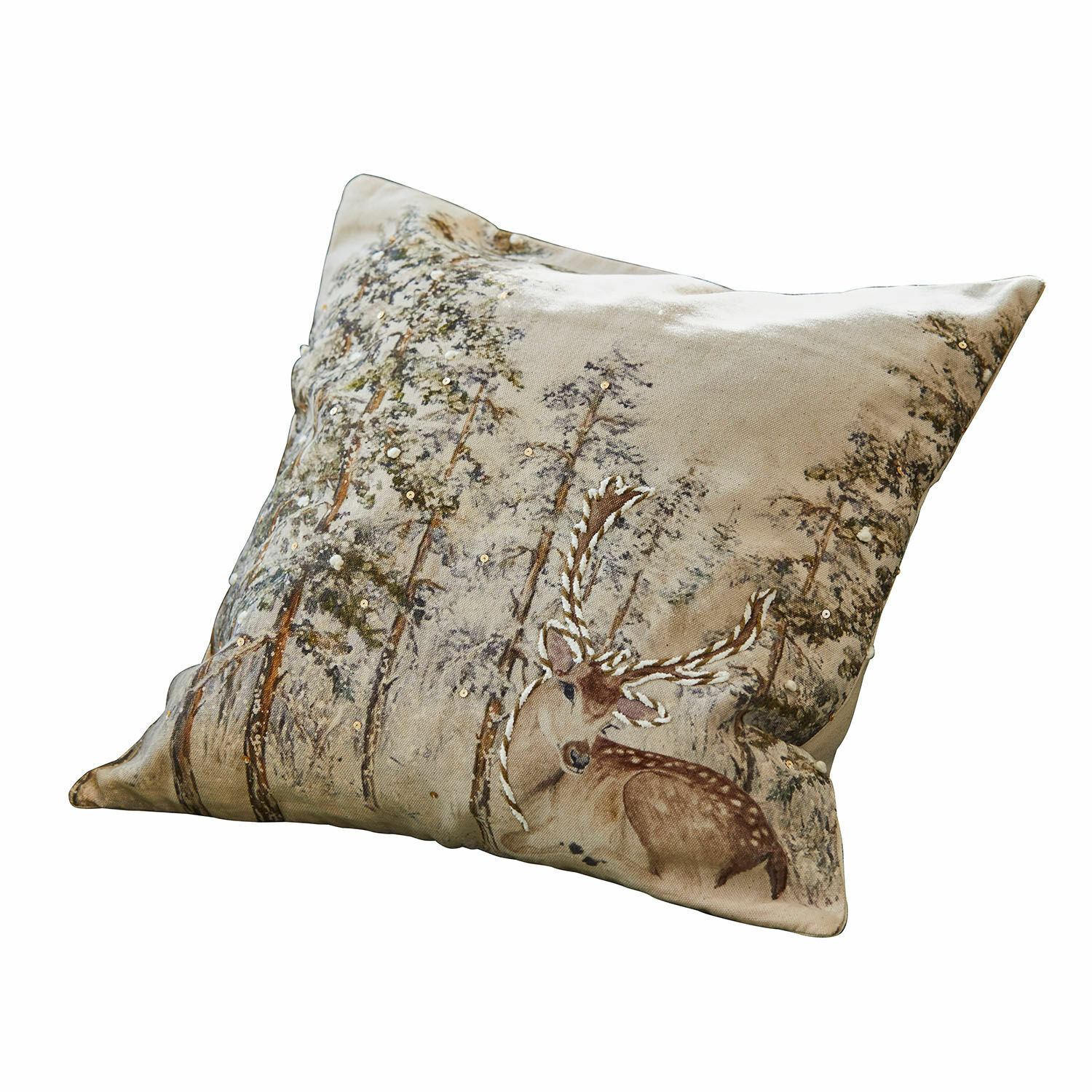Kissenhülle Valoisin Beige Dekokissen aus Baumwolle mit Hirsch- und Waldmotiv, stilvoll fürs Wohnzimmer