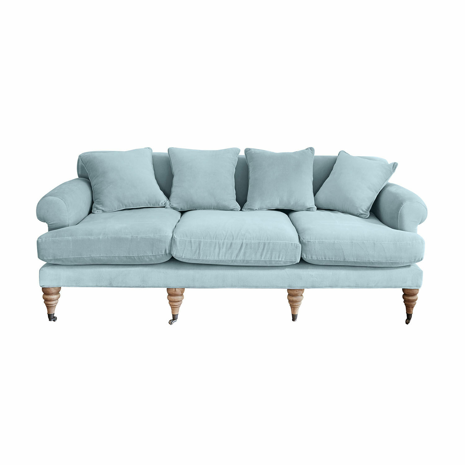 blau Blaues Kazimir Sofa aus weichem Stoff mit Kissen und gedrechselten Holzfüssen, bequem im Wohnzimmer