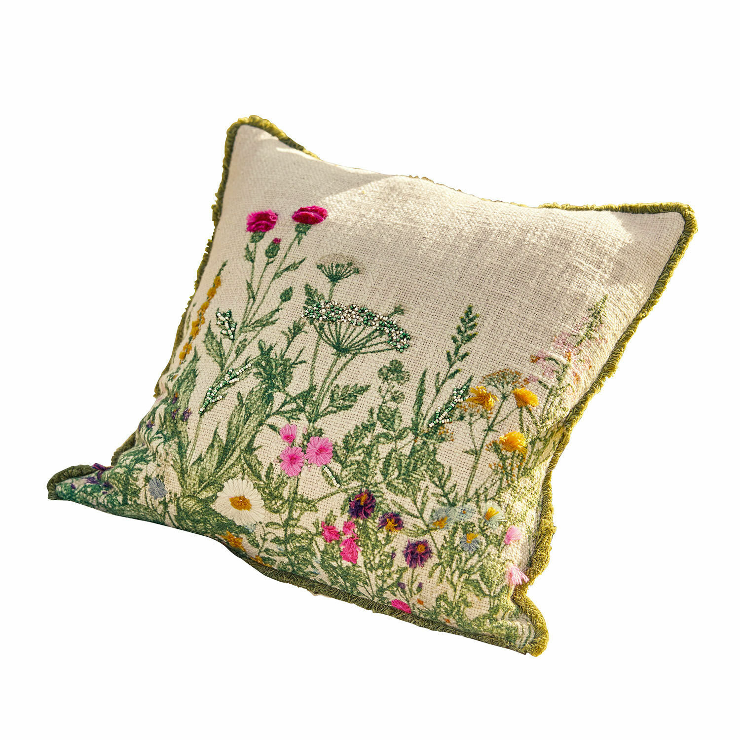 Kissenhülle Aranno Beige Kissen aus Stoff mit Stickerei wilder Blumen und grünem Rand, dekorativ fürs Wohnzimmer