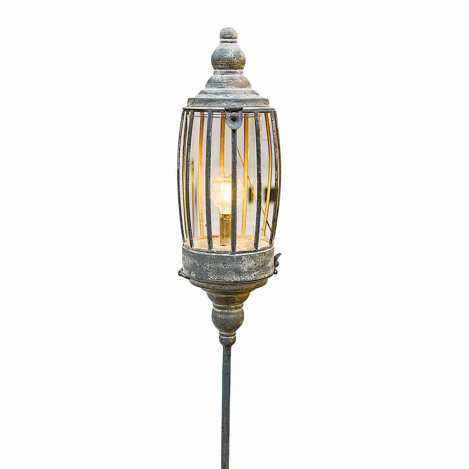 Wiederaufladbare LED-Laterne Lagia Dekorative Gartenlampe aus Metall in antiksilber mit sichtbarer Glühbirne und Gitterstäben