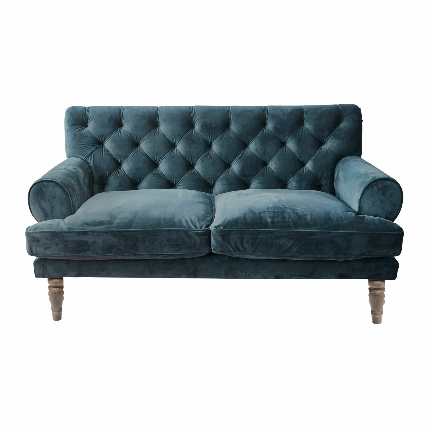 blau Blaues Samtsofa mit gesteppter Rückenlehne und Holzfüssen für ein stilvolles Wohnzimmer