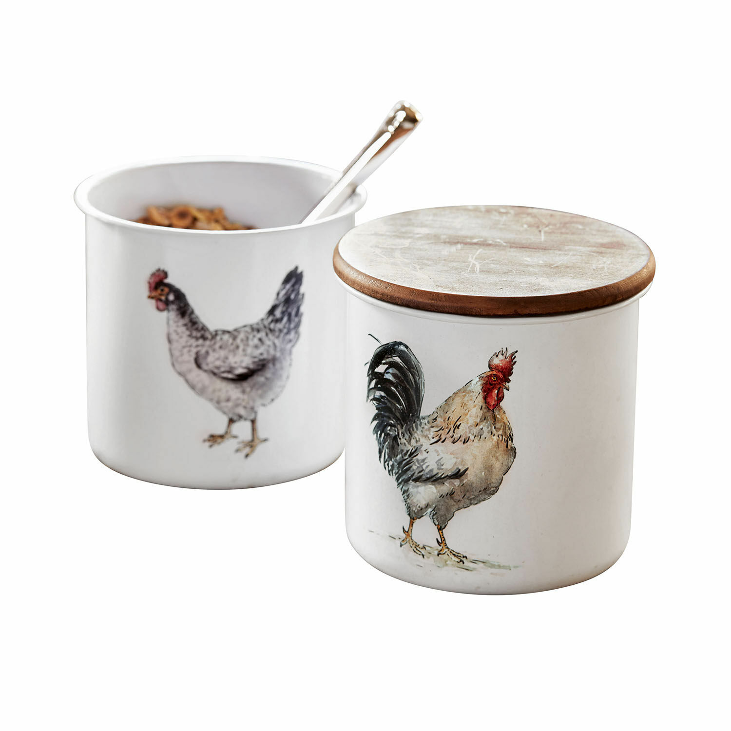 Dose 2er Set Nobles Weisse Keramikbehälter mit Holzdeckel und Huhn- sowie Hahn-Motiv für die Küche