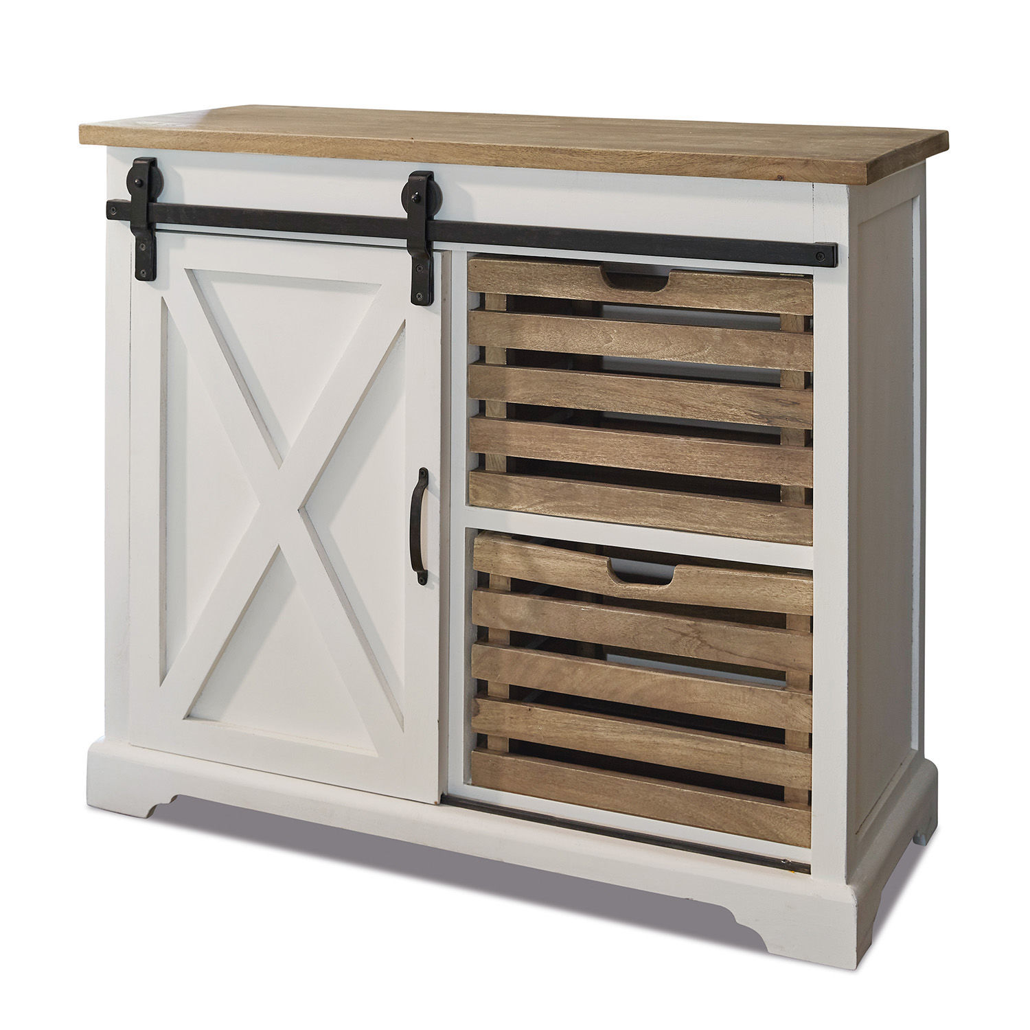 Kommode Bastid Weisse Holzkommode mit natürlicher Holzplatte und zwei Schubladen aus Mangoholz, Aufbewahrungsmöbel