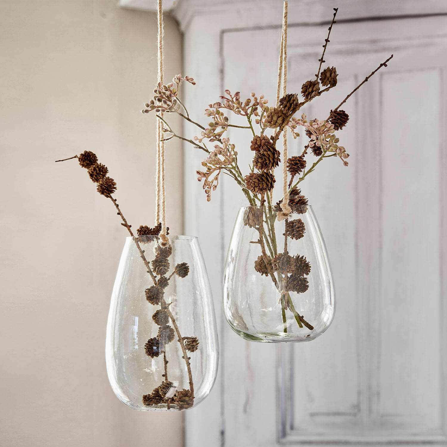 Hängende Glasvasen mit natürlichen Zweigen und Zapfen als stilvolle Wohnaccessoires