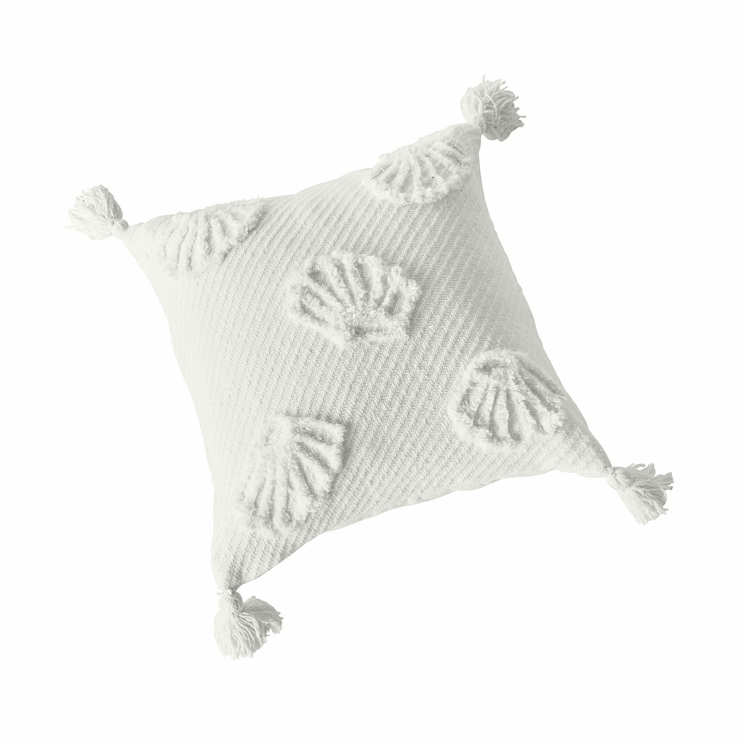 Kissenhülle Saroufa Weisse Baumwoll-Dekokissen mit Quasten und Muschelmotiv, gemütliches Wohntextil