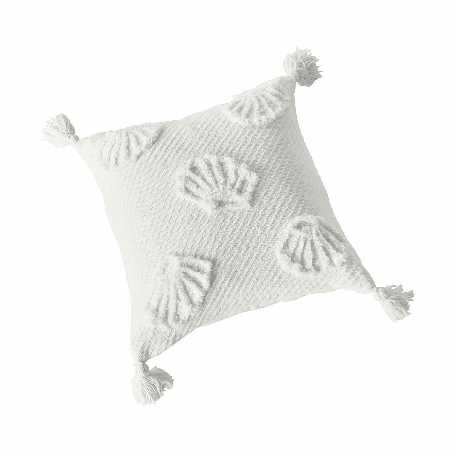 Kissenhülle Saroufa Weisse Baumwoll-Dekokissen mit Quasten und Muschelmotiv, gemütliches Wohntextil