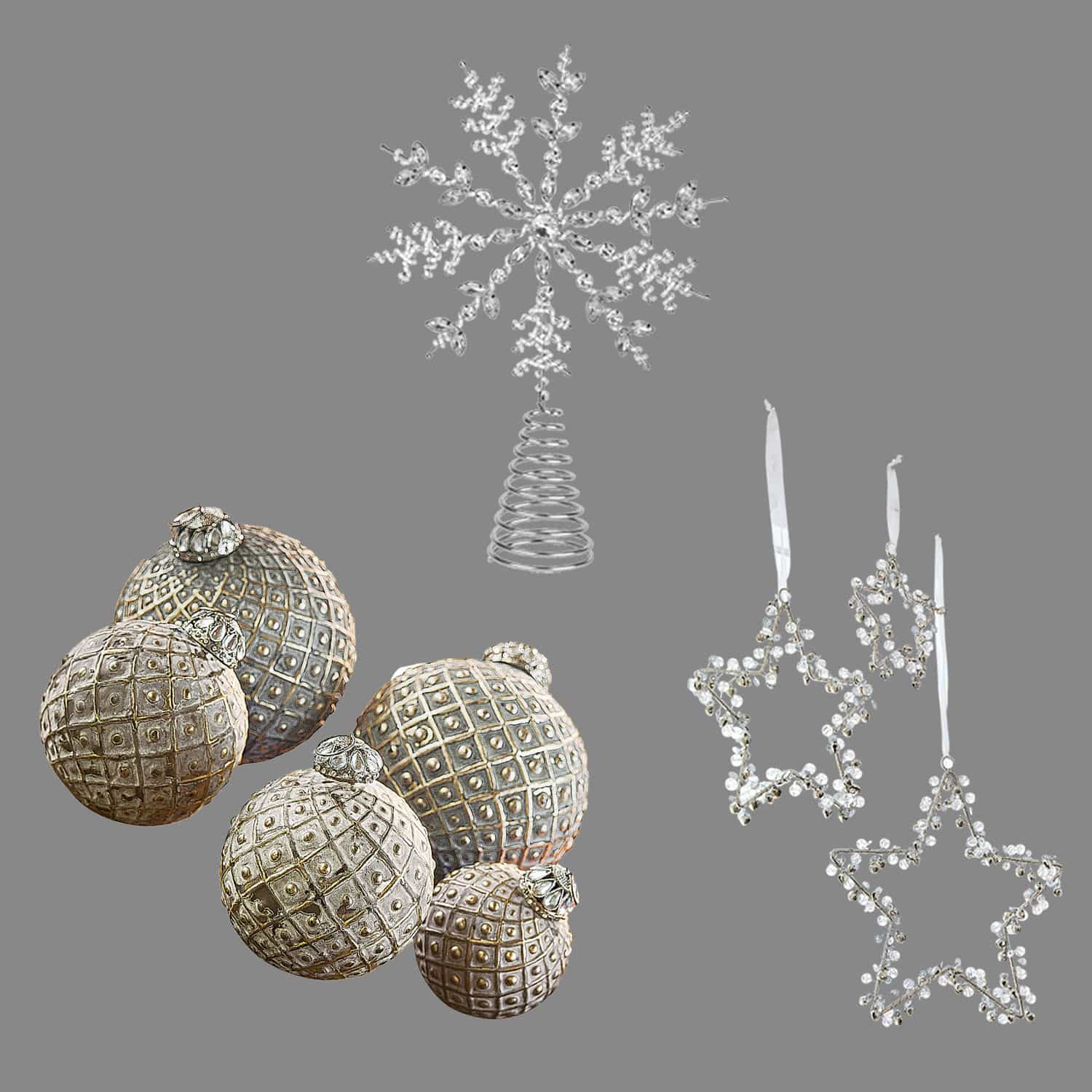 Set silberner Weihnachtskugeln mit Muster, Sternen und Kristallschneeflocke