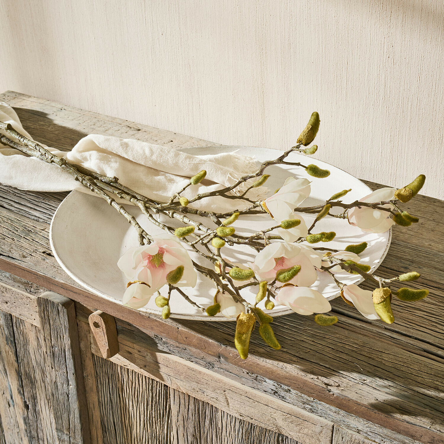 Magnolienzweige mit weissen Blüten und grünen Knospen auf rustikalem Holztisch mit weissem Teller