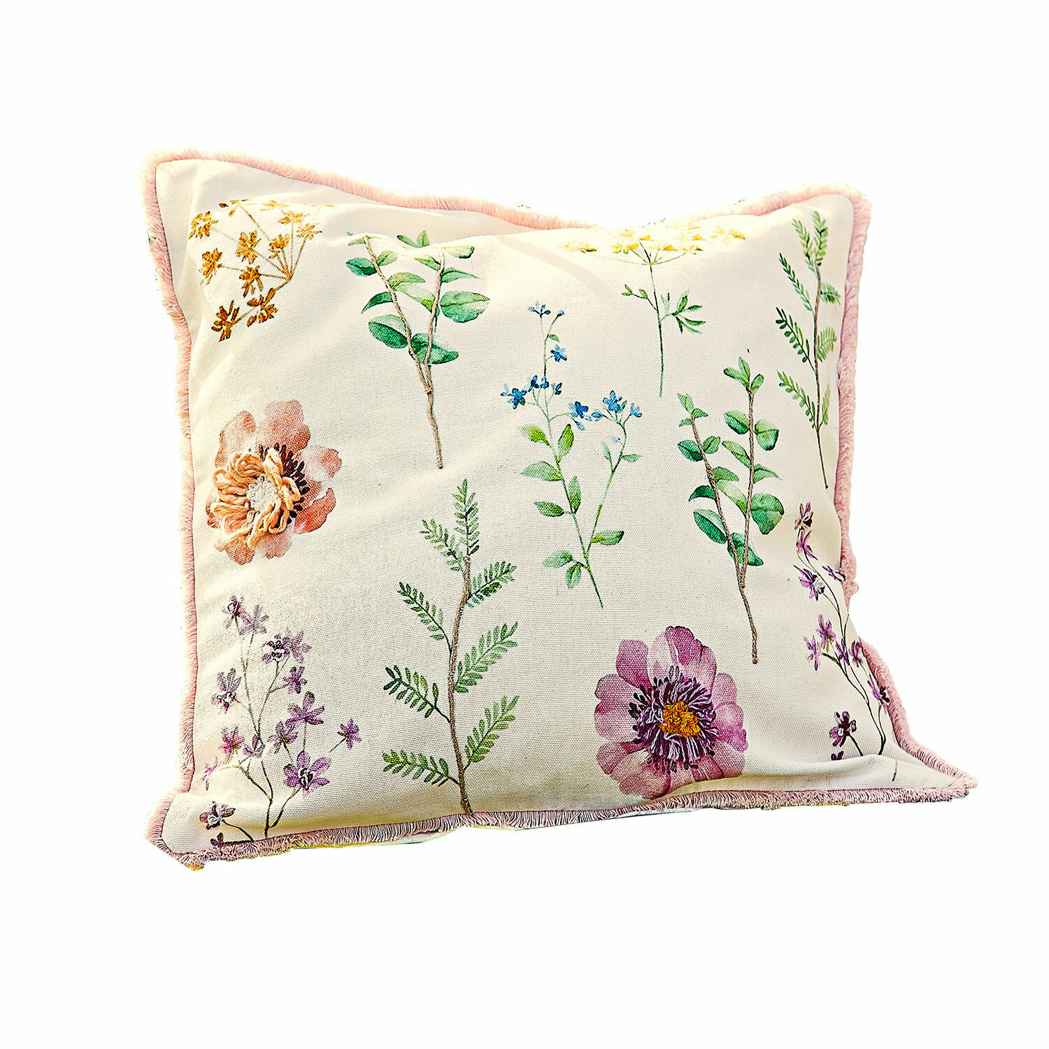 Kissenhülle Fahzoura Dekoratives Baumwollkissen in Creme mit Blumenmuster und rosa Einfassung für Wohnräume