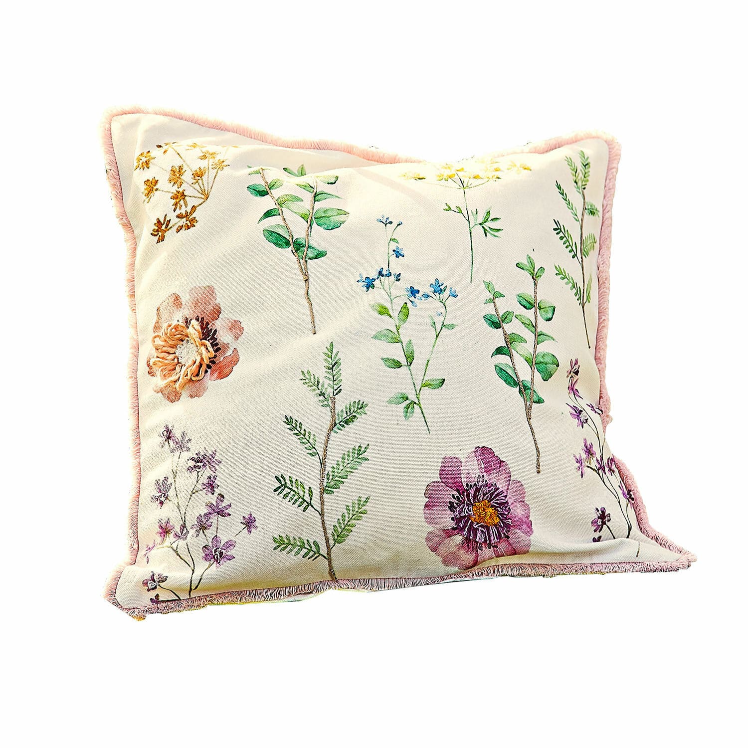 Kissenhülle Fahzoura Dekoratives Baumwollkissen in Creme mit Blumenmuster und rosa Einfassung für Wohnräume