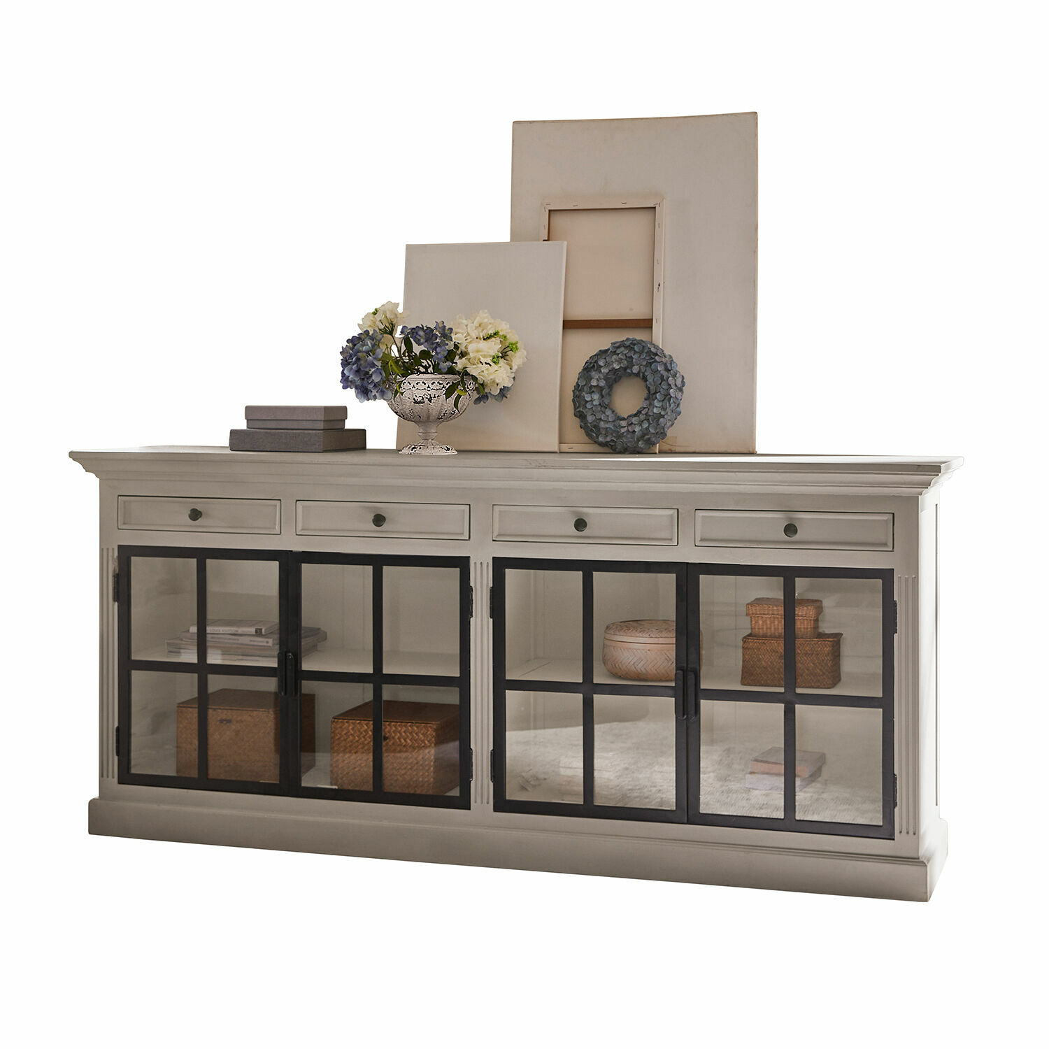 Kommode Pratola Weisse Holzkommode mit schwarzen Glastüren und Dekorationen auf der Ablage für das Wohnzimmer