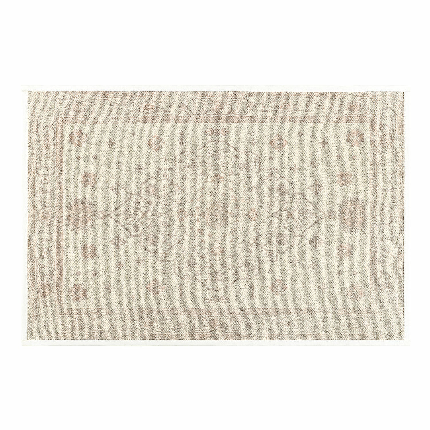 Beiger Teppich mit feinem orientalischem Muster aus robustem Material, ideal für das Wohnzimmer