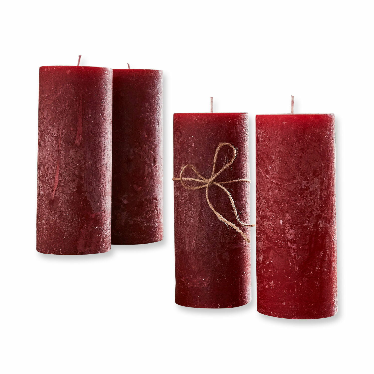 Kerze 4er Set Homel Set aus vier roten Wachskerzen, eine mit Juteschnur, dekorative Wohnaccessoires