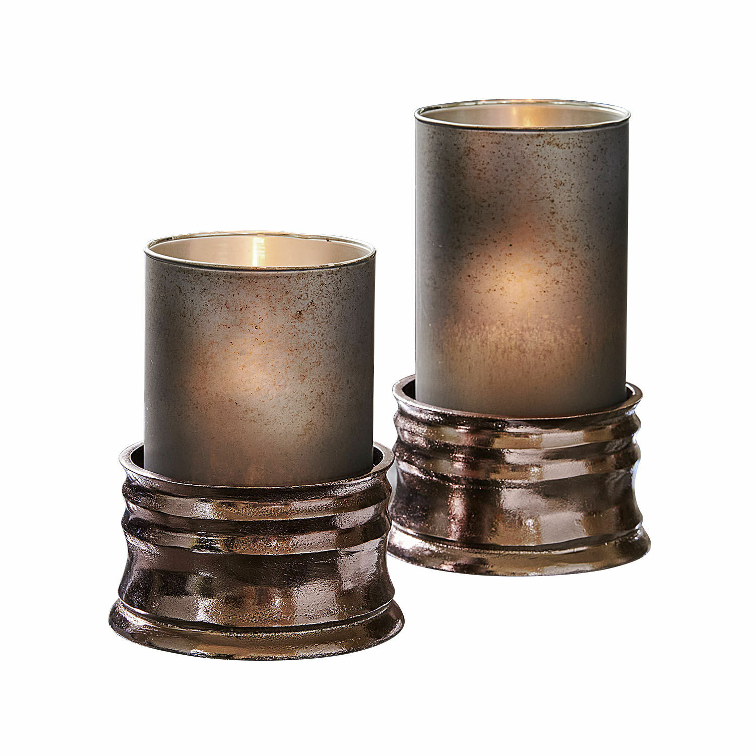 Windlicht 2er Set Eirun Set mit zwei braunen Metall-Kerzenhaltern und mattiertem Glas für elegante Wohnraumgestaltung