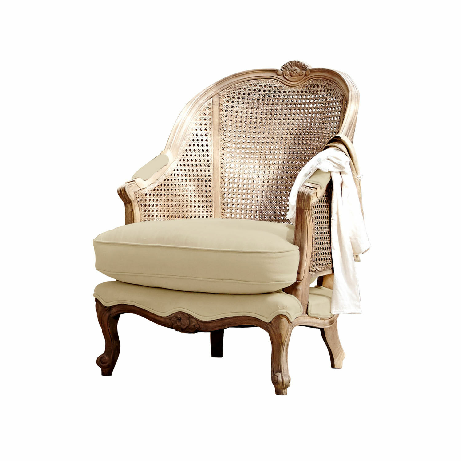 Sessel Drambon Klassischer Holzsessel mit beigem Polster, Naturfarbe, Vintage-Stil für das Wohnzimmer