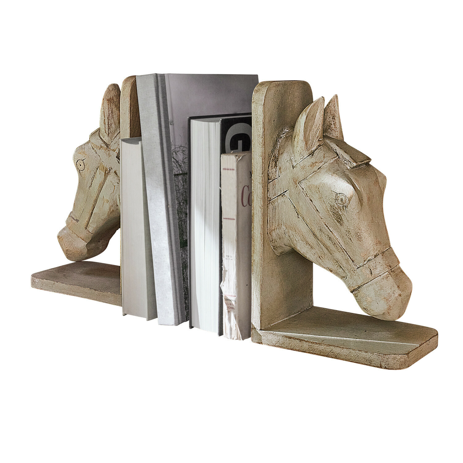 Buchstütze 2er Set Caravena Paar beige Holz-Buchstützen mit Pferdekopf-Design, dekorativ und praktisch für Bücherregale