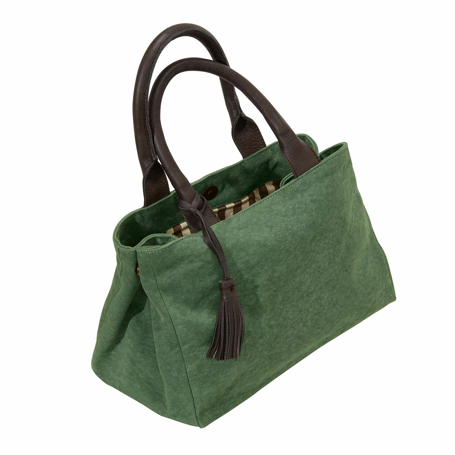 grün Grüne Hoya-Tasche aus Stoff mit braunen Ledergriffen und Quaste, praktische Alltagstasche