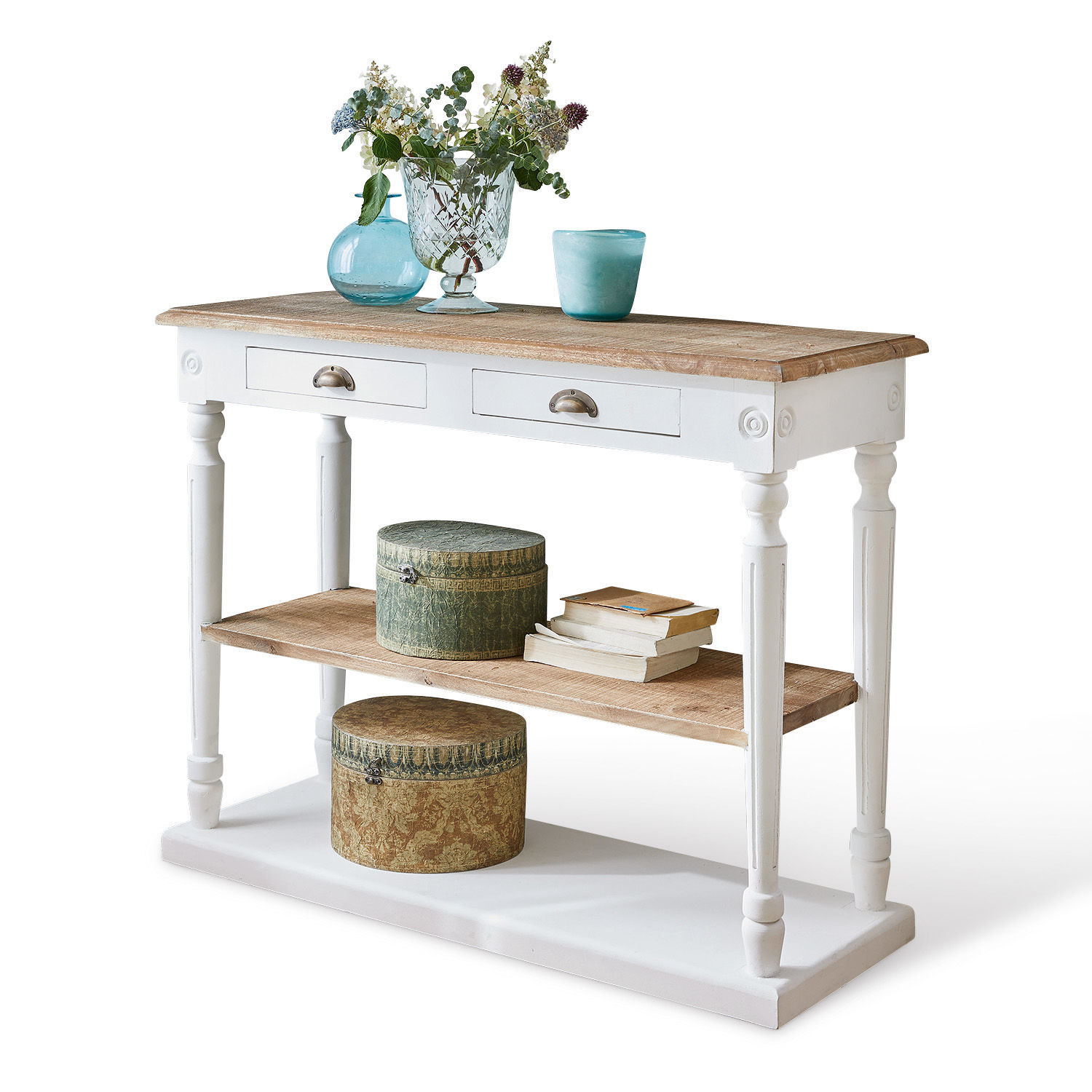 Konsole Helsinquia Weisse Konsole mit Holzplatte, zwei Schubladen und Ablagen, dekorativer Landhausstil
