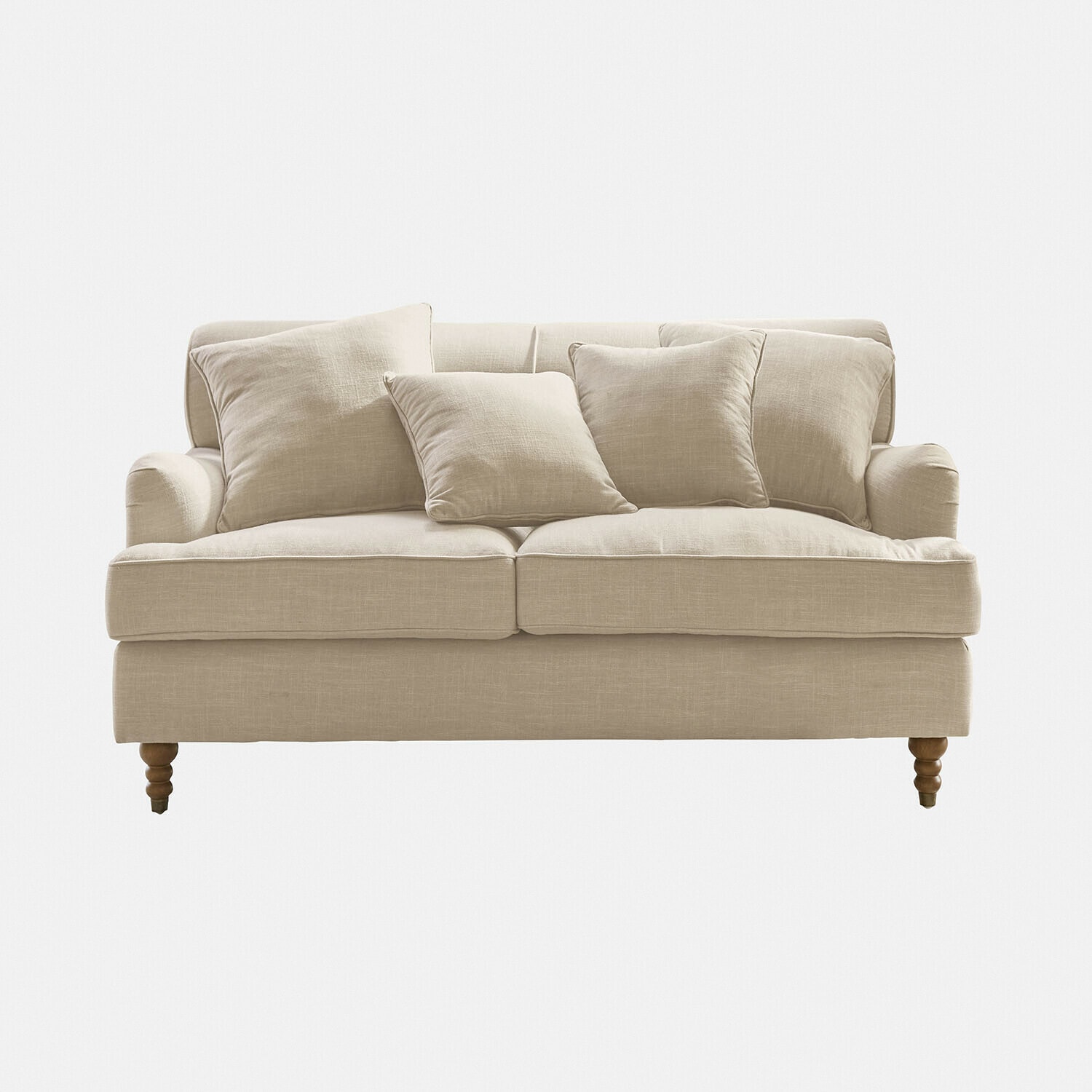 Sofa Isa Beiges Sofa aus Stoff mit Kissen und gedrechselten Holzfüssen, bequemes Wohnzimmermöbel