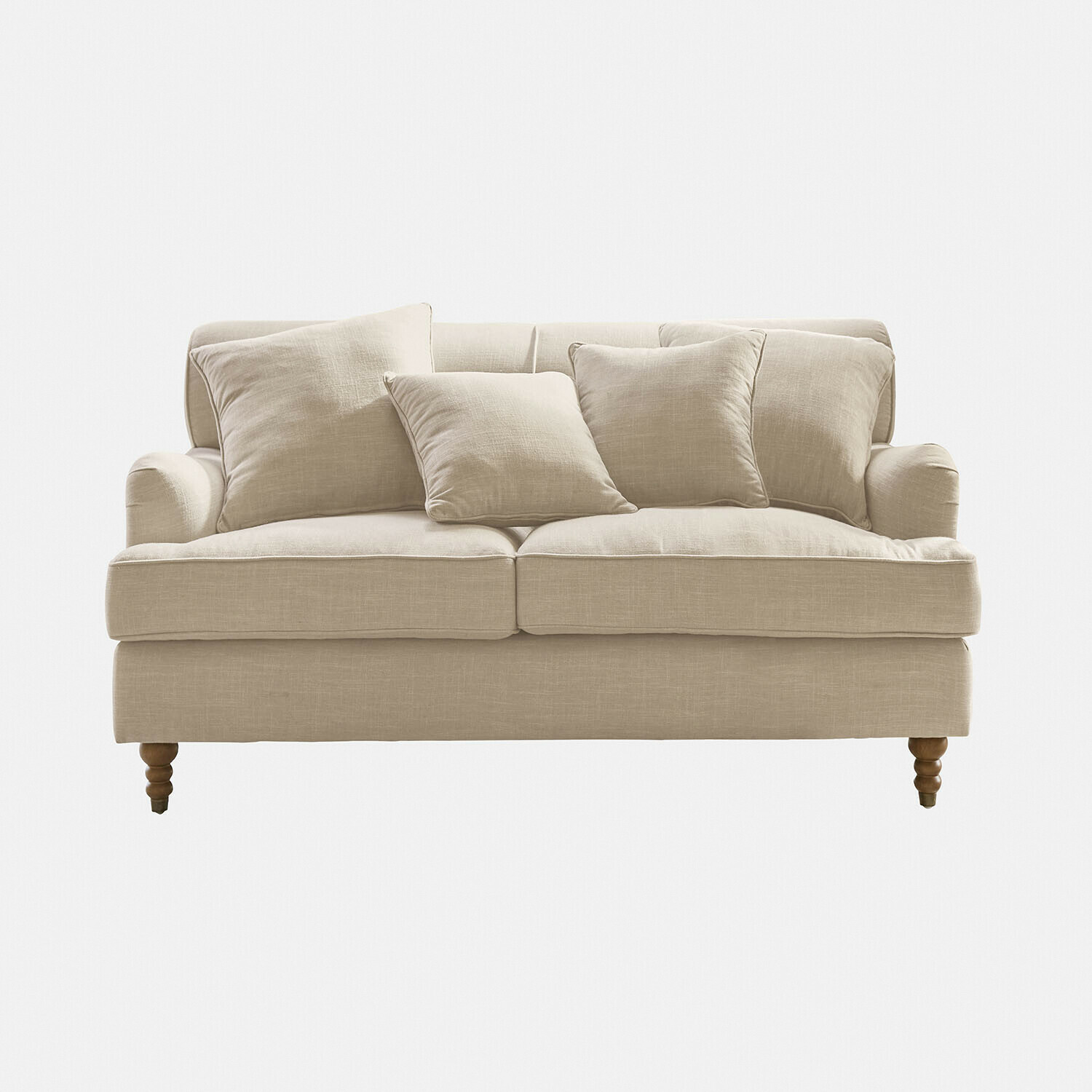 Sofa Isa Beiges Sofa aus Stoff mit Kissen und gedrechselten Holzfüssen, bequemes Wohnzimmermöbel