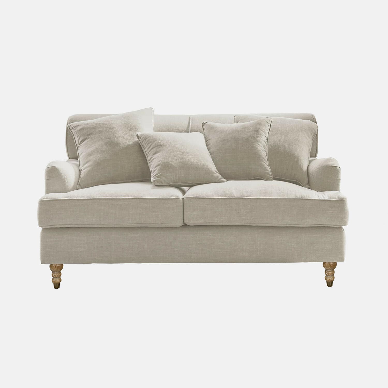 Beiges Sofa aus Stoff mit Kissen und gedrechselten Holzfüssen, bequemes Wohnzimmermöbel