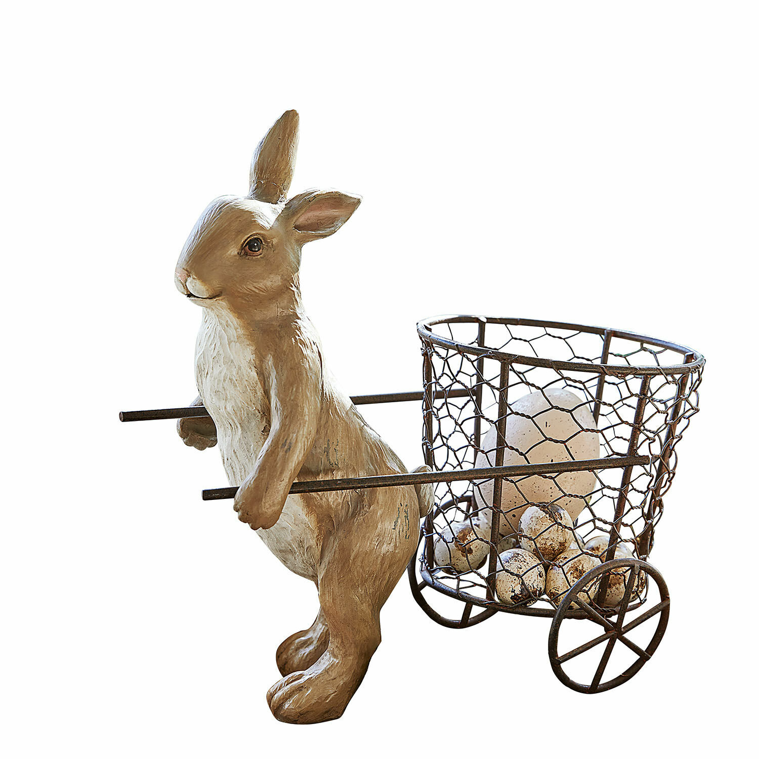 Osterhase Tadino Holzfigur Hase mit Metallwagen und dekorativen Eiern im rustikalen Landhausstil