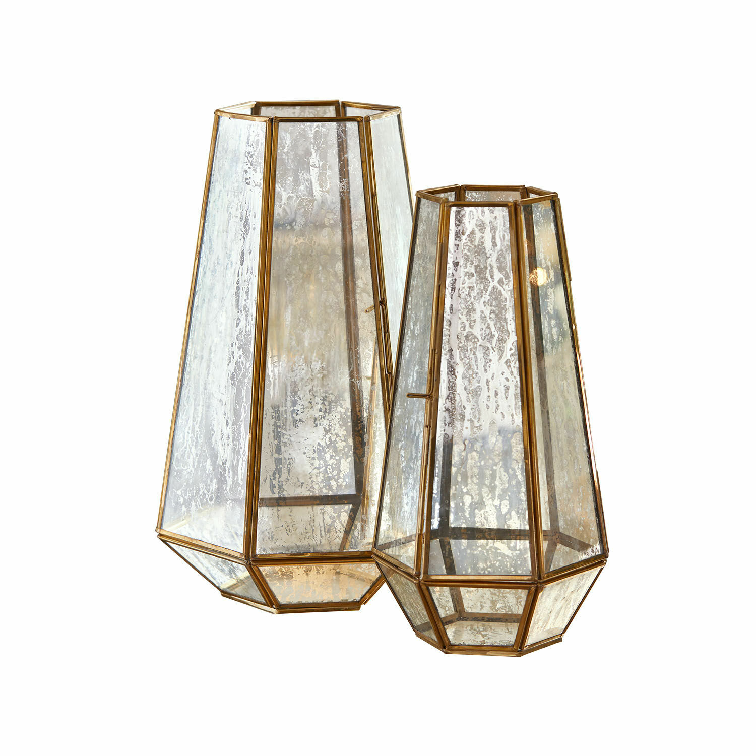 Windlicht 2er Set Mouniza Set mit zwei Laternen aus gealtertem Glas und Messingrahmen im Vintage-Stil zur Wohnraumdekoration