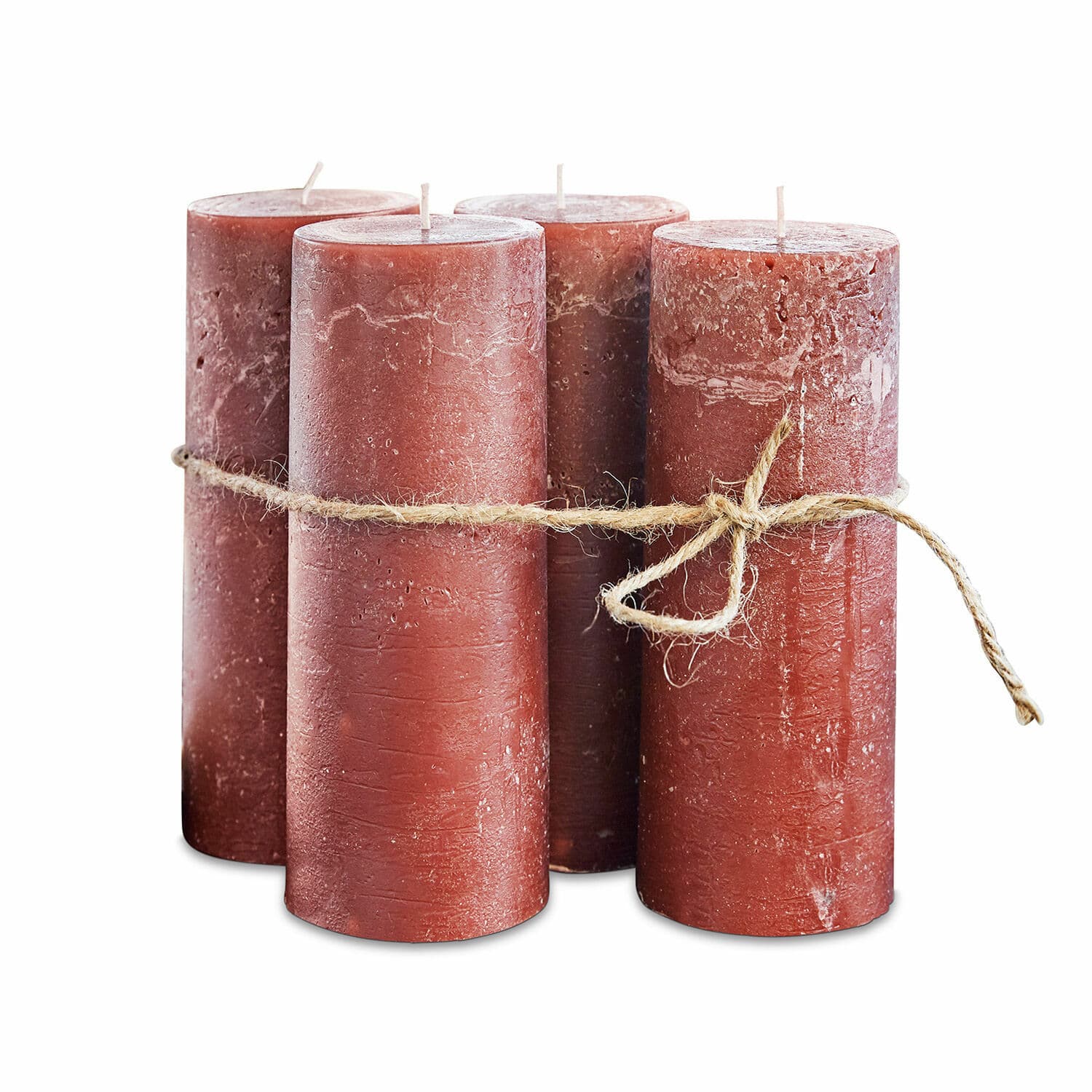 Kerze 4er Set Homel Set aus vier rustikalen roten Wachs-Kerzen mit dekorativem Naturkordelband