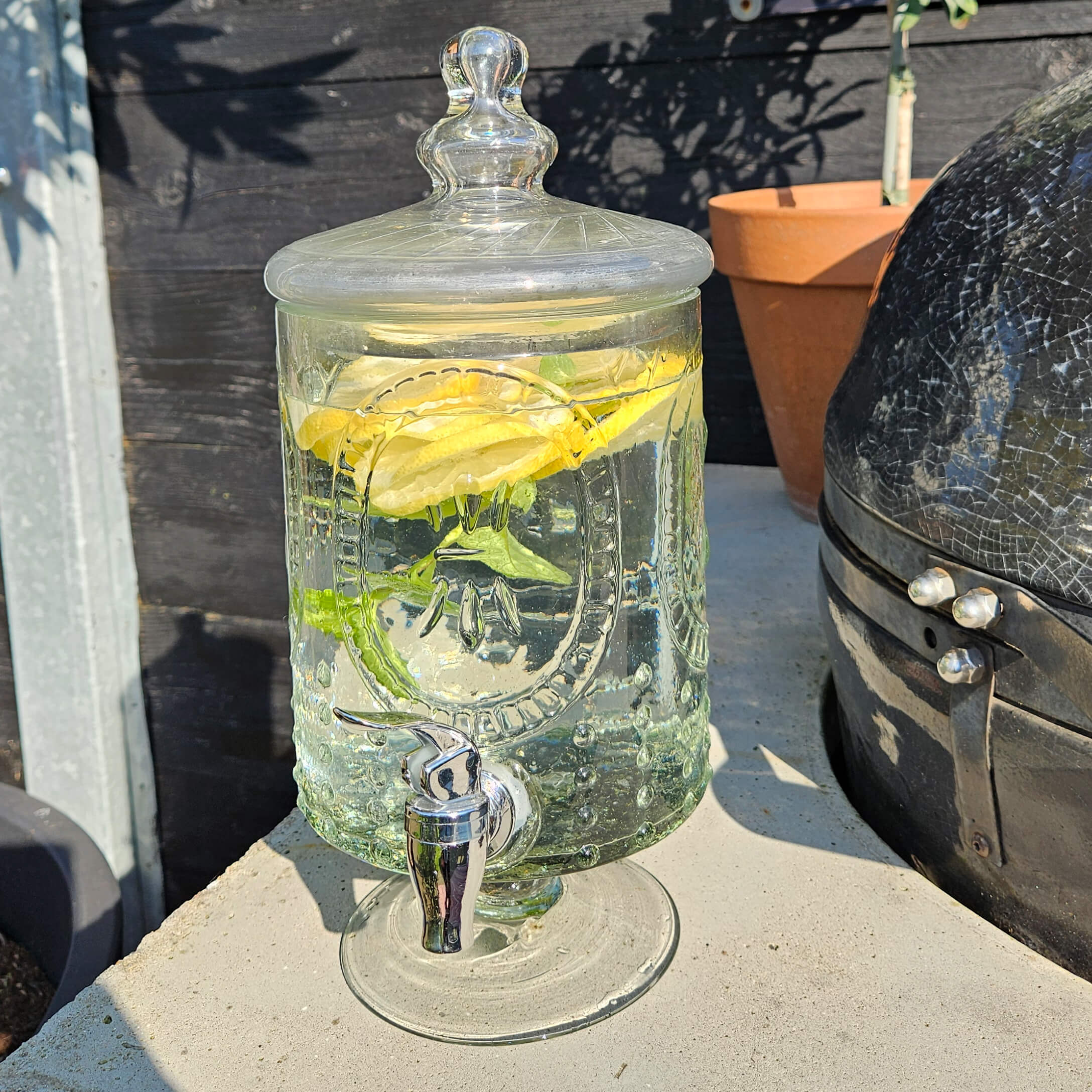 Glasgetränkespender mit Deckel, gefüllt mit Wasser, Zitrone und Minze, ideal für Sommerpartys