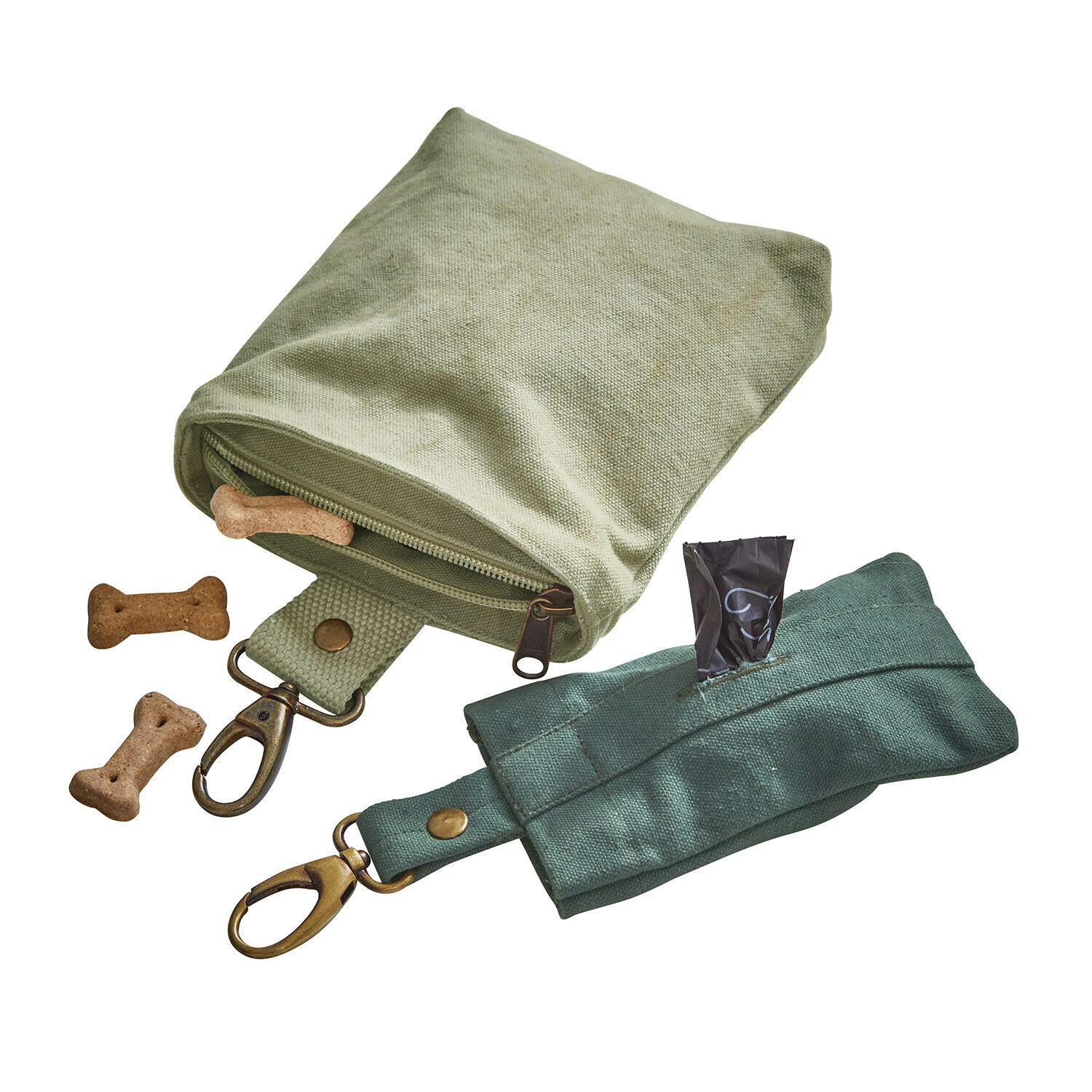 Täschchen 2er Set Lunapet Grüne und olivfarbene Baumwolltasche für Hundeleckerlis mit Karabinern und Snacks