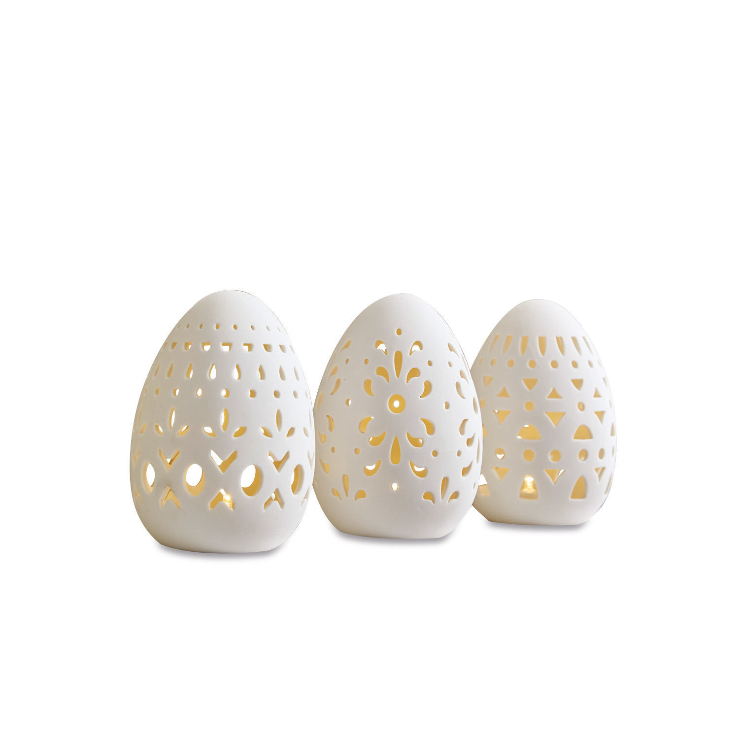 Osterei 3er Set Mouna Drei weisse Keramik-Laternen in Ei-Form mit filigranen Mustern und warmem LED-Licht