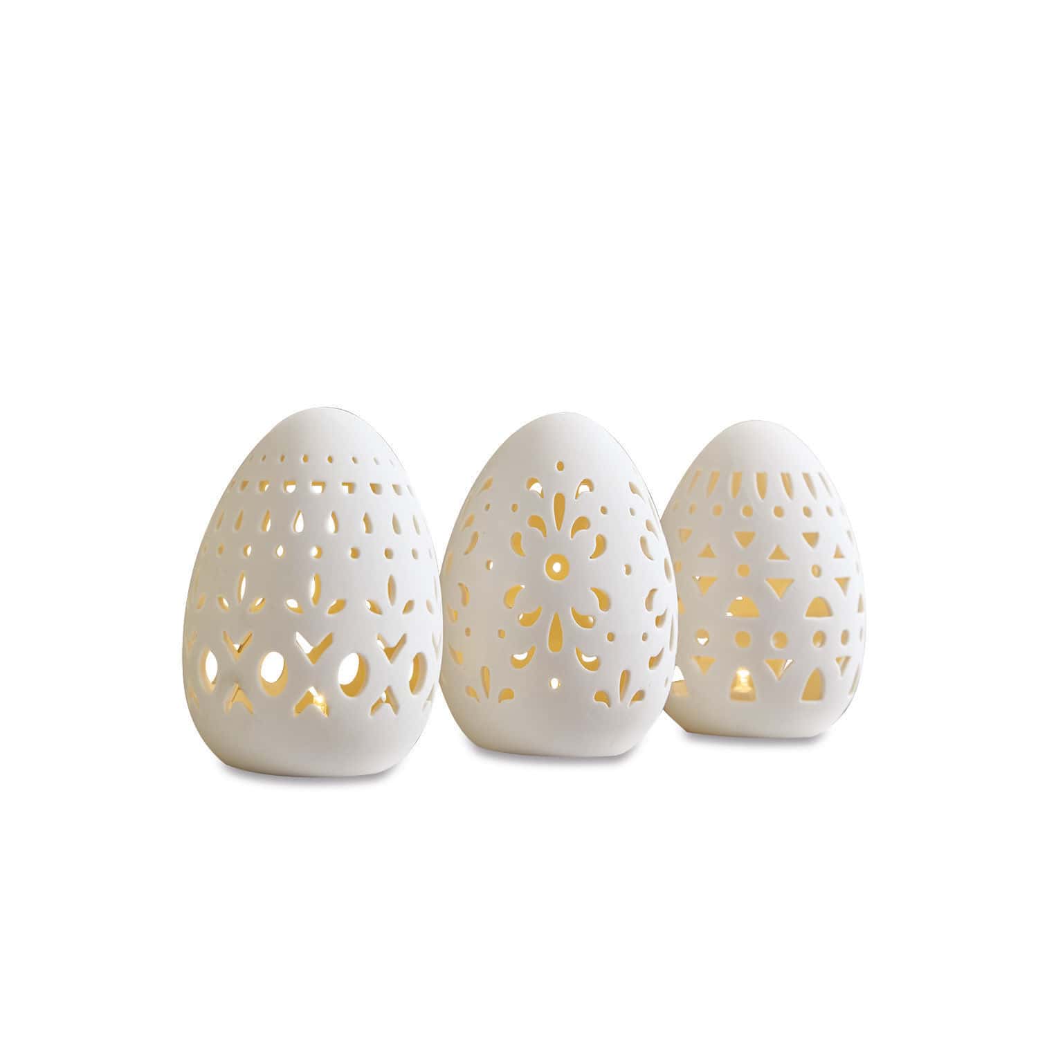 Osterei 3er Set Mouna Drei weisse Keramik-Laternen in Ei-Form mit filigranen Mustern und warmem LED-Licht