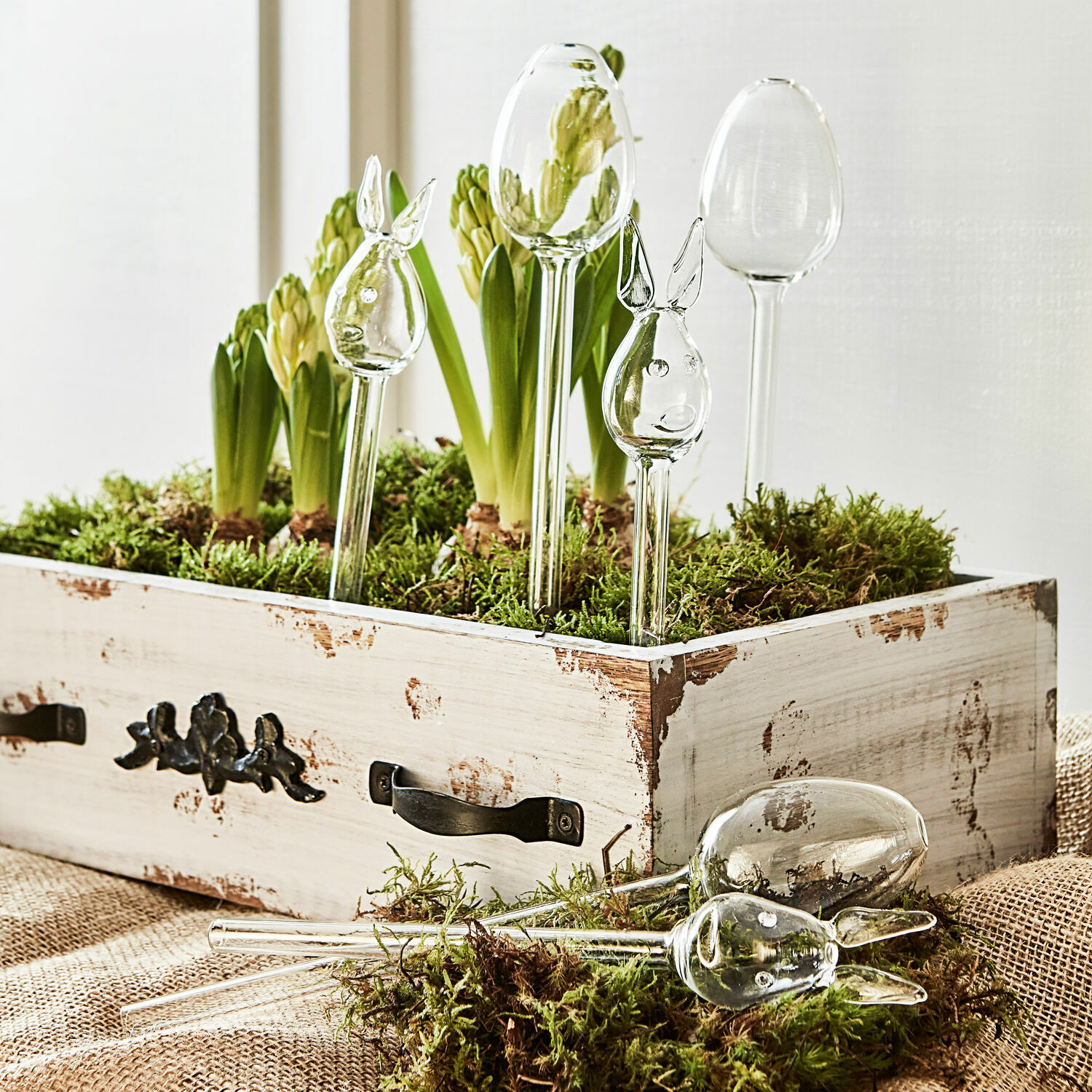 Glasdekorationen in Hasenkopf-Form auf langen Stielen in einer Holzschachtel mit grünen Pflanzen