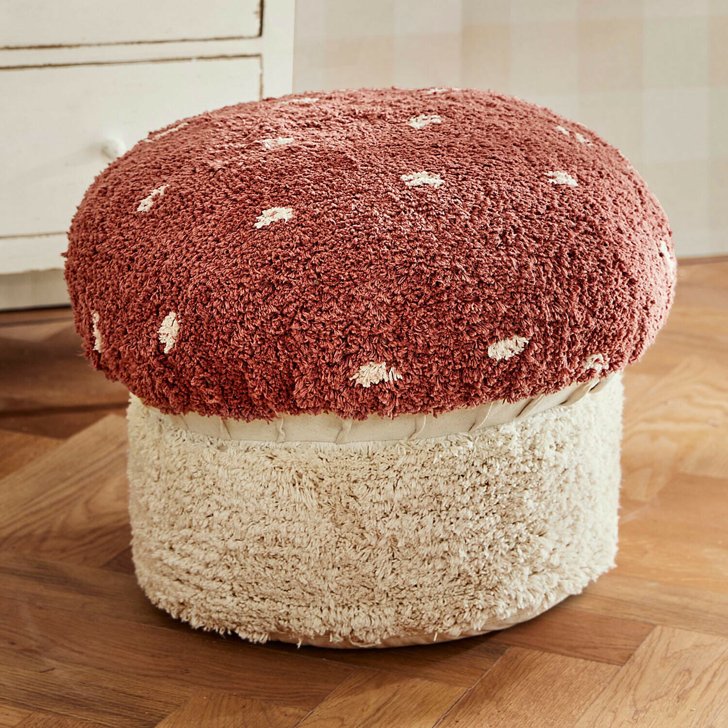 Kinderhocker Norilie Pilzförmiger Sitzhocker aus weichem Material in Rot und Creme, dekoratives Wohnzimmermöbel